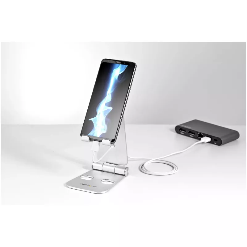 Suporte para telefone e tablet StarTech.com - Suporte universal dobrável para dispositivos móveis, para smartphones e tablets - Suporte ergonómico ajustável multi-ângulo para secretária - Portátil - prateado