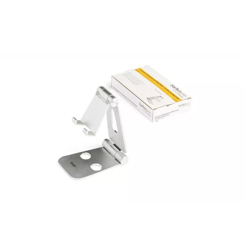 Suporte para telefone e tablet StarTech.com - Suporte universal dobrável para dispositivos móveis, para smartphones e tablets - Suporte ergonómico ajustável multi-ângulo para secretária - Portátil - prateado