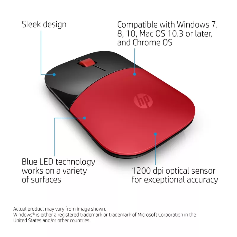 Rato sem fios HP Z3700 vermelho, ambidestro, ótico, RF Wireless, 1200 DPI, vermelho