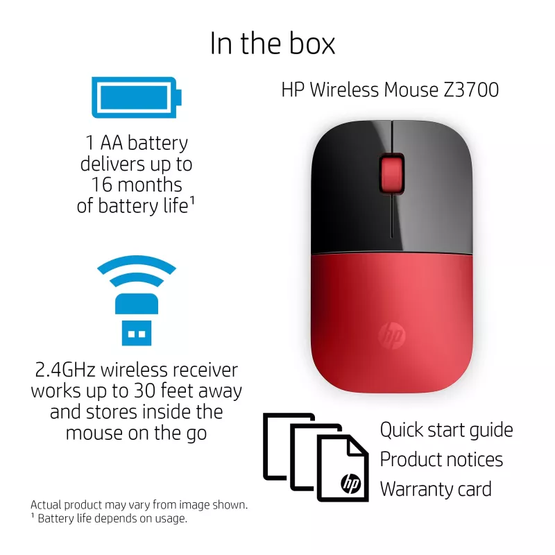 Rato sem fios HP Z3700 vermelho, ambidestro, ótico, RF Wireless, 1200 DPI, vermelho