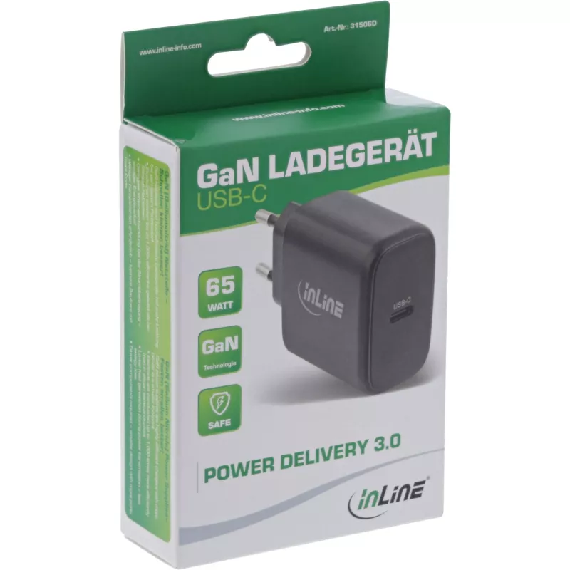 Fonte de alimentação InLine USB PD, carregador GaN, USB-C único, Power Delivery, 65 W