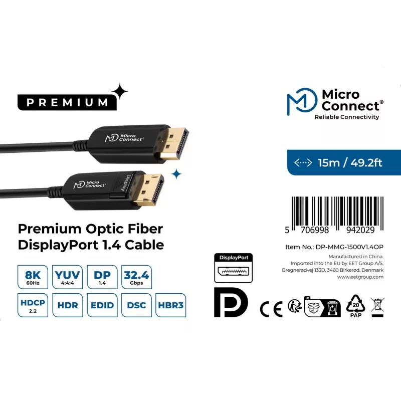 Cabo DisplayPort Microconnect DP-MMG-1500V1.4OP 15 m preto