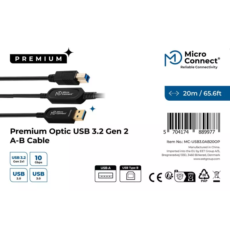 Cabo USB Microconnect MC-USB3.0AB20OP USB 3.2 Gen 2 (3.1 Gen 2) 20 m USB A USB B preto