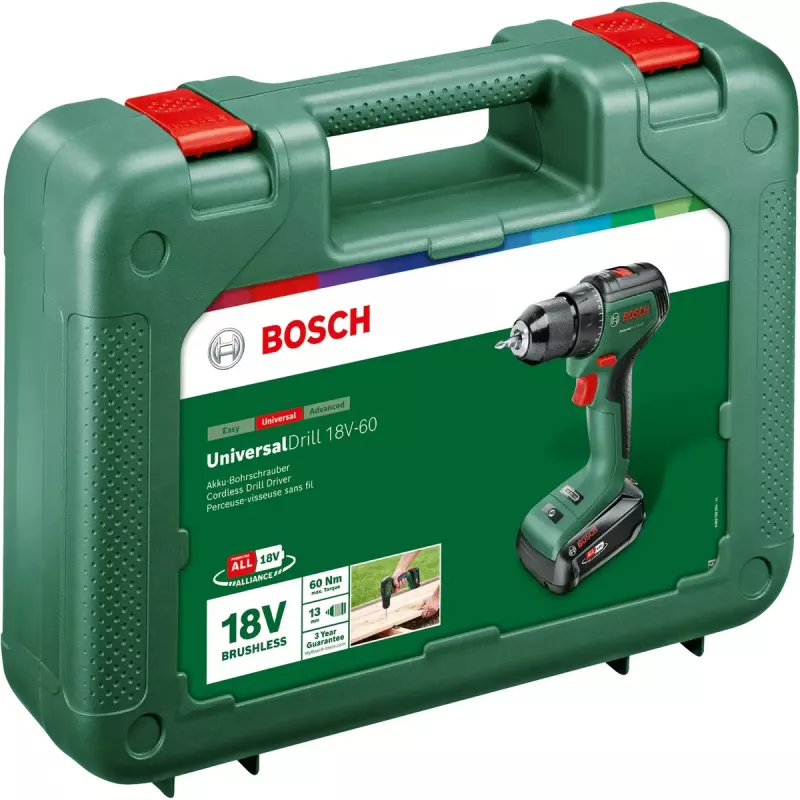 Bosch UniversalDrill 18V-60 06039D7001 berbequim sem fios, bateria de iões de lítio de 2,0 Ah, mala, verde/preto
