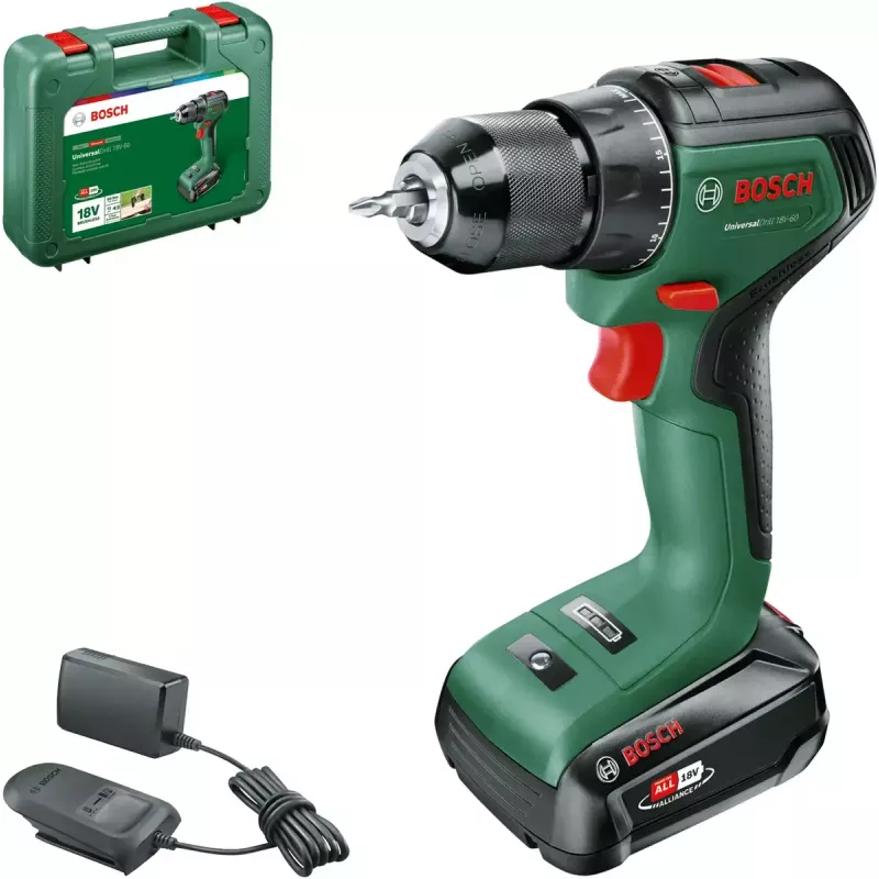 Bosch UniversalDrill 18V-60 06039D7001 berbequim sem fios, bateria de iões de lítio de 2,0 Ah, mala, verde/preto