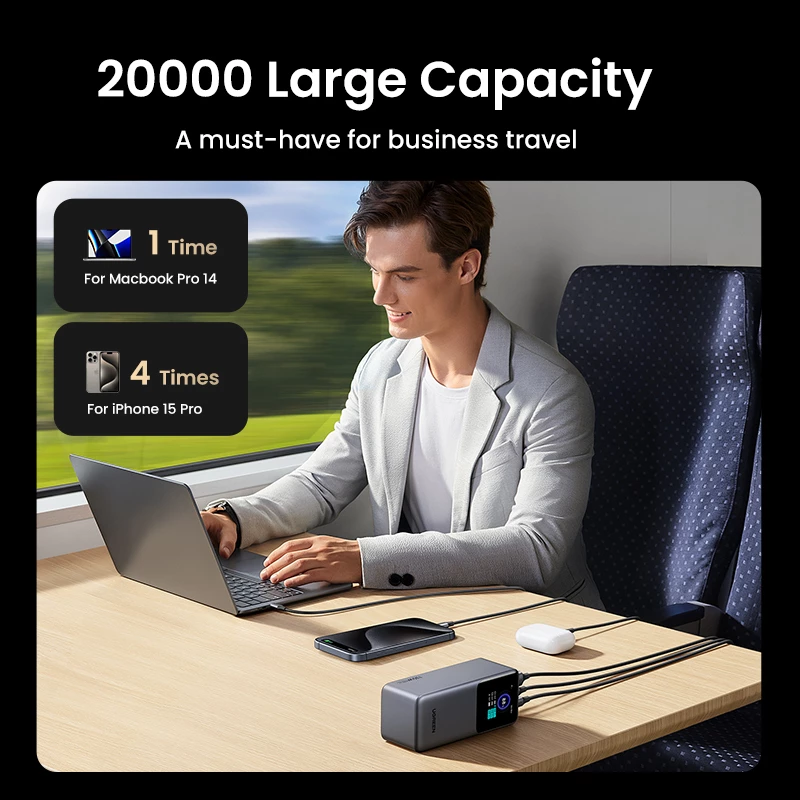 Powerbank Ugreen 20000mAh 130W carregamento rápido lítio cinzento