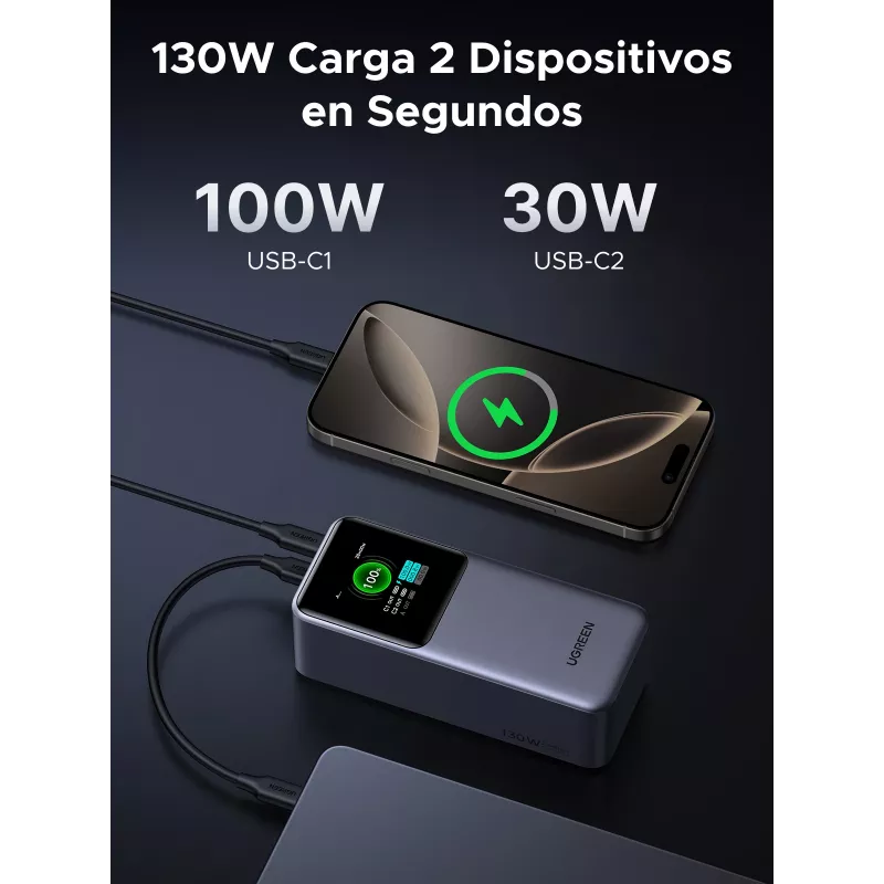 Powerbank Ugreen 20000mAh 130W carregamento rápido lítio cinzento
