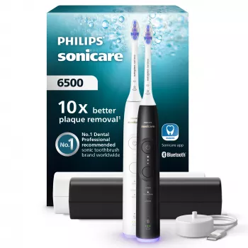 Escova de dentes sónica Philips Series 6500 HX7419/01 — tecnologia sónica, 62.000 movimentos/min., 3 modos, sensor de pressão, 2 manípulos, 2 cabeças de escova, estojo de viagem