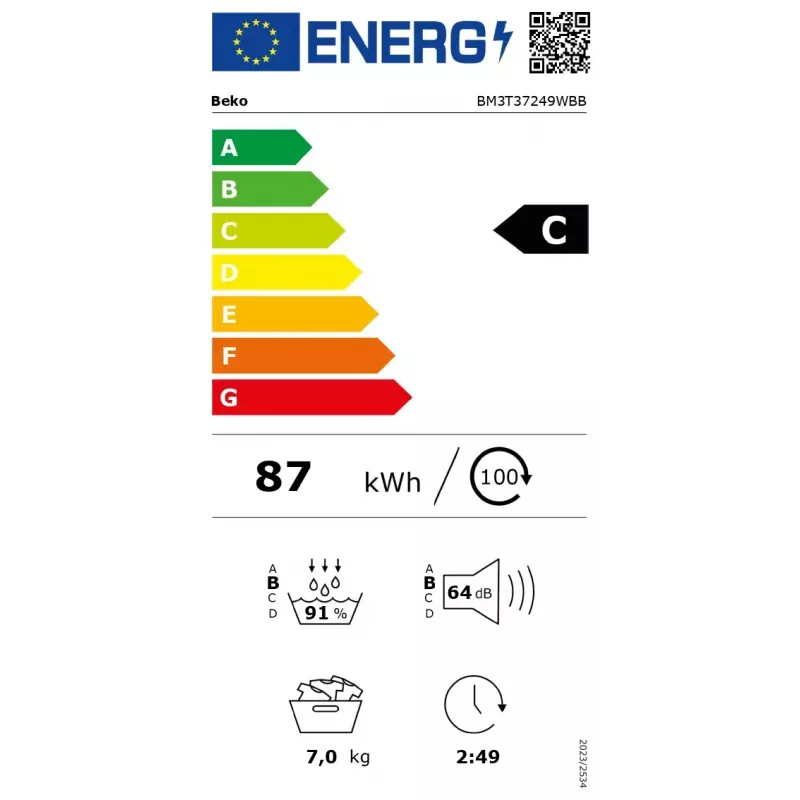 Máquina de lavar roupa BEKO | BM3T37249WBB | classe de eficiência energética C | carga frontal | 7 kg | digital | profundidade 54,5 cm | branco