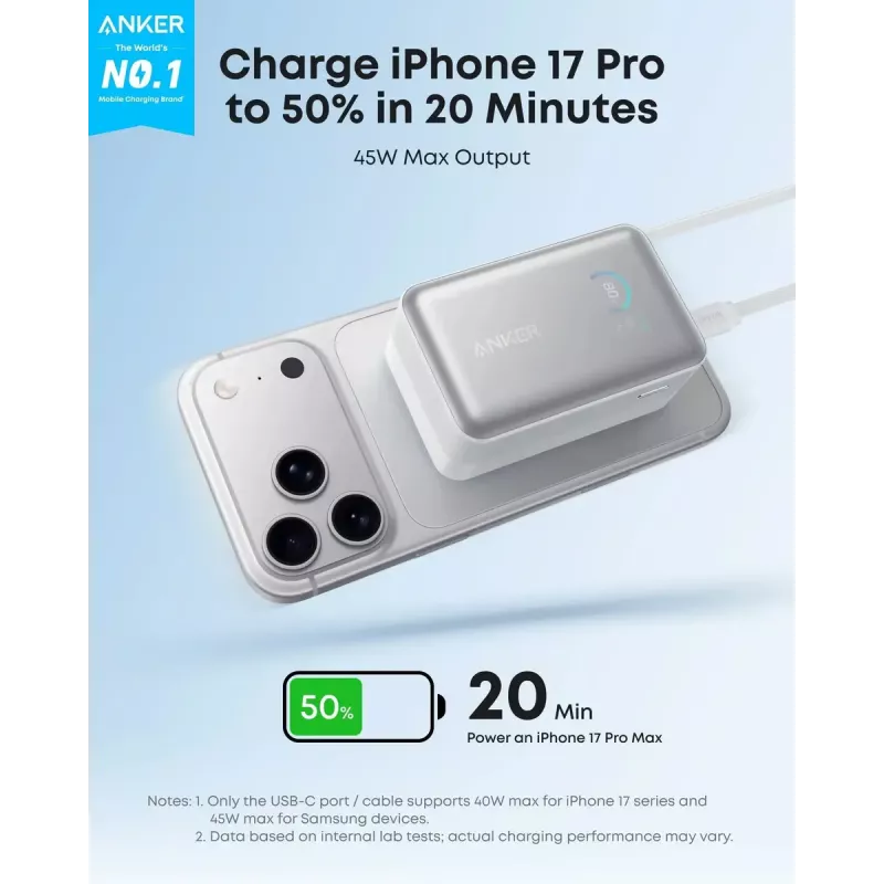Powerbank Anker Nano 45W com cabo USB-C retrátil integrado A1638H11 10000 mAh preto