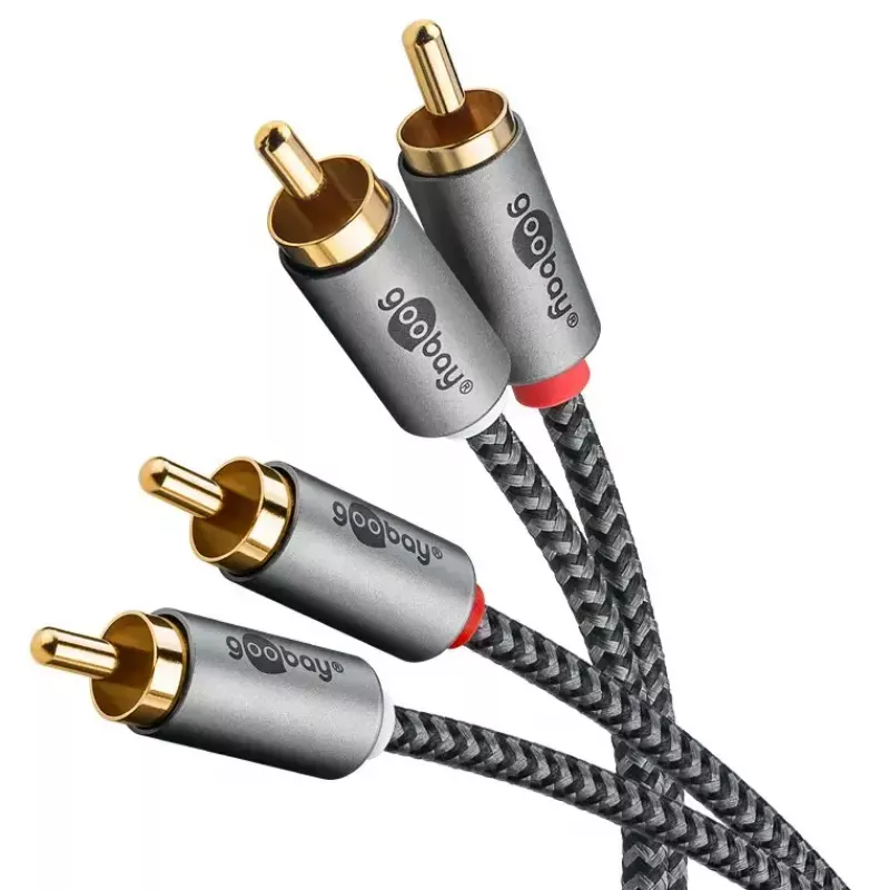 Cabo de áudio WENTRONIC Goobay 65293 — 2 m, 2×ficha RCA para 2×ficha RCA, cobre, contactos banhados a ouro, blindagem magnética, cinzento