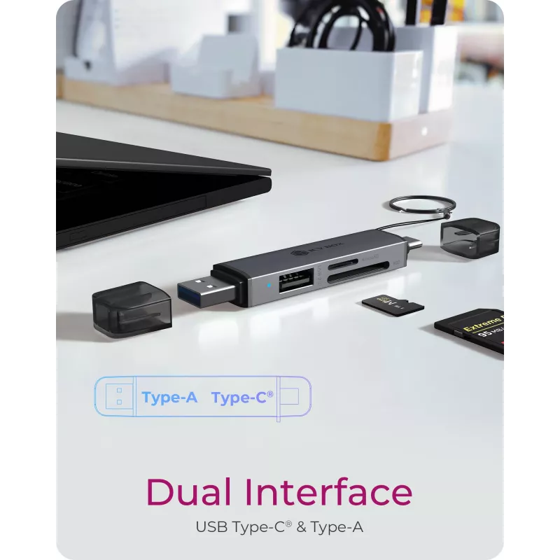 Leitor de cartões icybox 61179 – USB 3.2 Gen1 3-em-1, conectores USB Type-C e Type-A