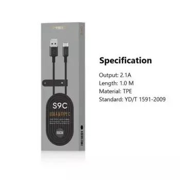 Cabo USB-A para USB-C Orsen S9C 1 m, 2,1 A, preto