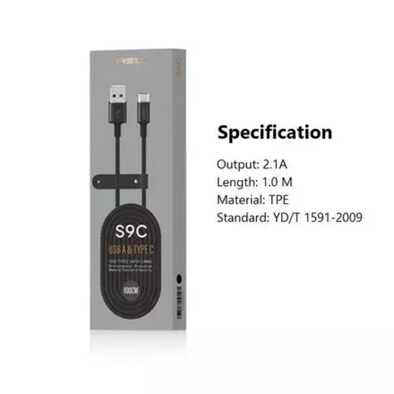 Cabo USB-A para USB-C Orsen S9C 1 m, 2,1 A, preto