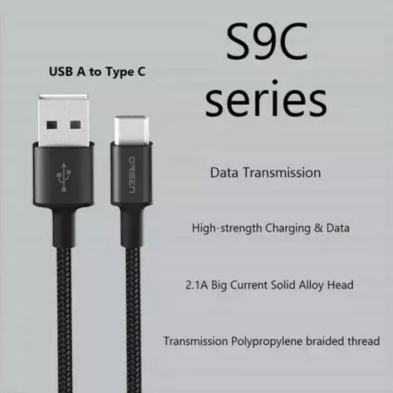 Cabo USB-A para USB-C Orsen S9C 1 m, 2,1 A, preto
