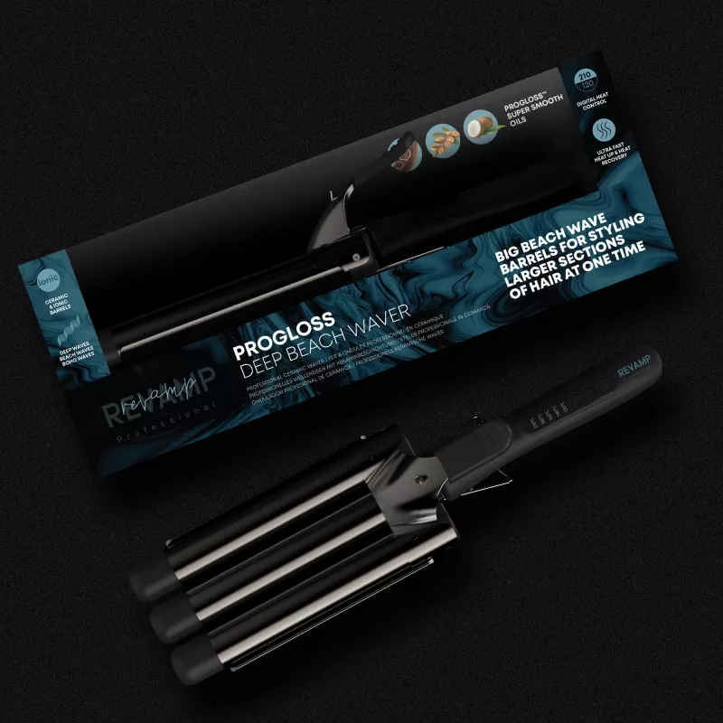 Ferro texturizador Revamp Progloss Deep Beach Waver quente preto 3 m