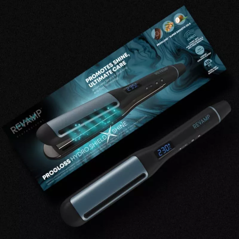 Ferro de alisar Revamp Progloss Hydro Shield X Shine quente preto 3 m