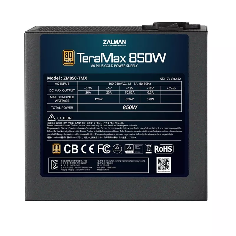 Zalman ZM850-TMX TeraMax fonte de alimentação 850 W, 80 PLUS Gold, PFC ativo, ventoinha de 120 mm