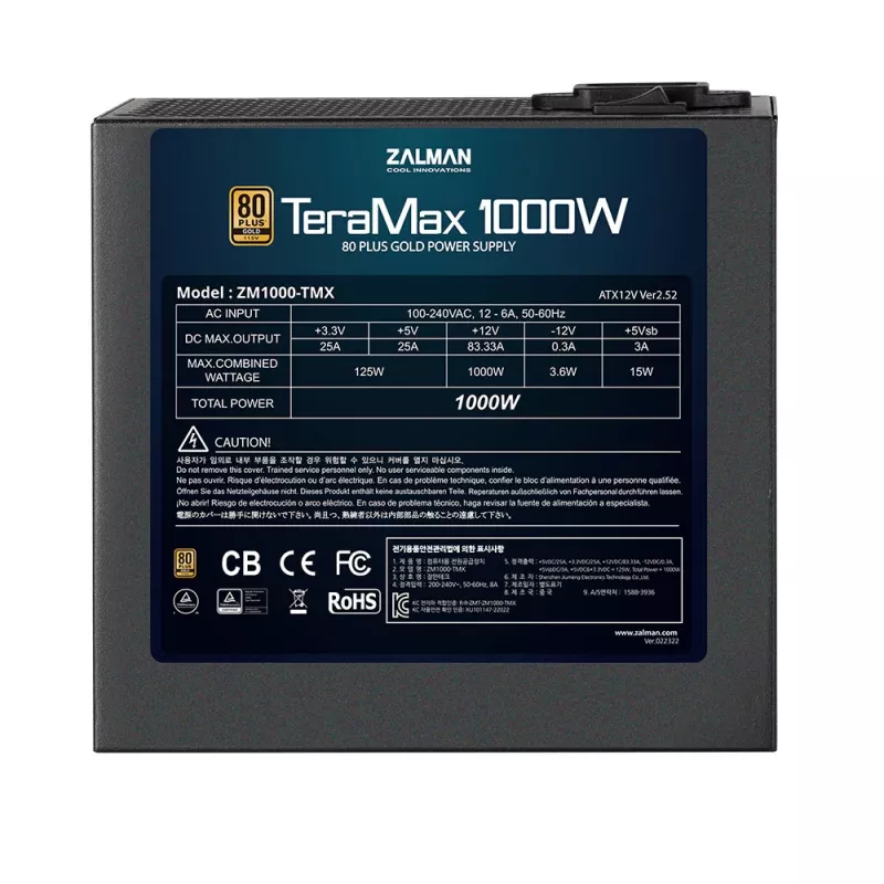 Fonte de alimentação Zalman ZM1200-TMX de 1200 W, 80 PLUS Gold, PFC ativo, ventoinha de 120 mm