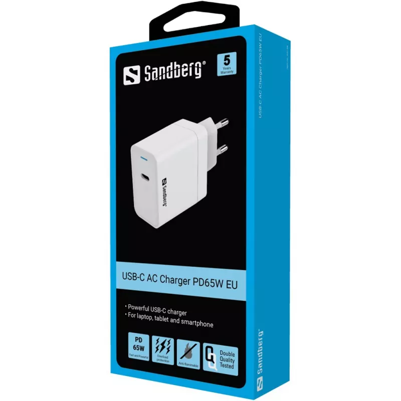 Carregador AC Sandberg USB-C PD65W EU interior universal branco
