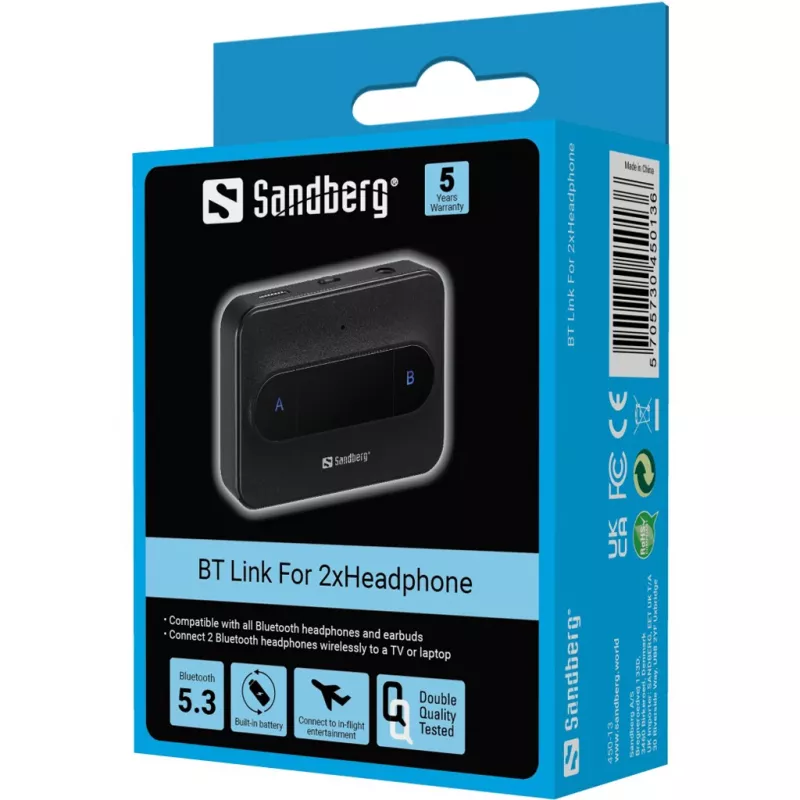 Sandberg Bluetooth Link para 2 auscultadores sem fios Bluetooth 3,5 mm