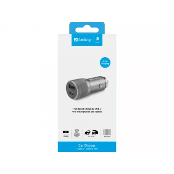 Carregador de automóvel Sandberg 1xQC3.0+1xUSB-C 48W, automóvel, isqueiro, 12 V, metálico