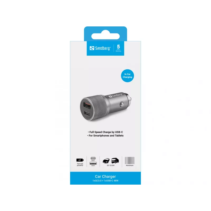 Carregador de automóvel Sandberg 1xQC3.0+1xUSB-C 48W, automóvel, isqueiro, 12 V, metálico