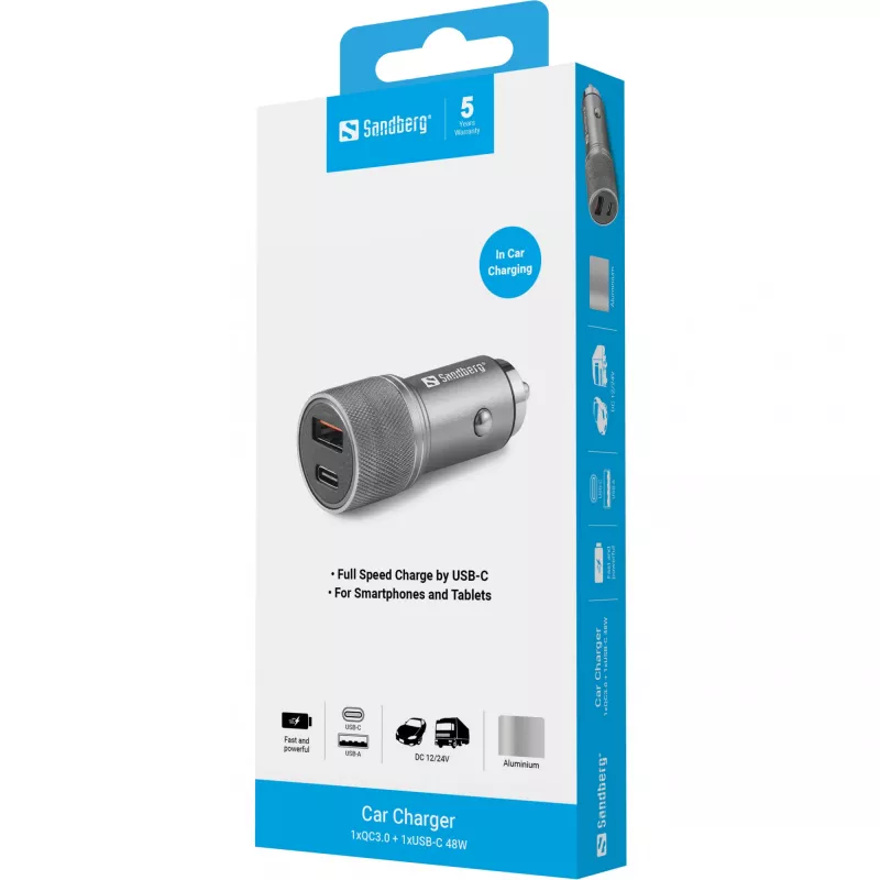 Carregador de automóvel Sandberg 1xQC3.0+1xUSB-C 48W, automóvel, isqueiro, 12 V, metálico