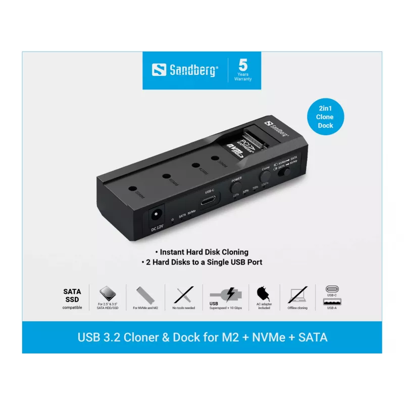 Clonador e dock USB 3.2 Sandberg para M2 + NVMe + SATA