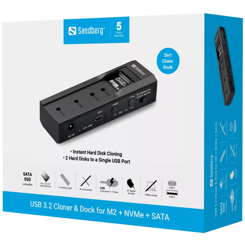 Clonador e dock USB 3.2 Sandberg para M2 + NVMe + SATA