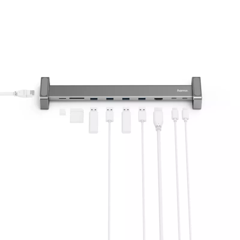 Hama 00200103 estação de acoplamento USB-C 9 em 1, USB 3.2 Gen 1, 4x USB-A, USB-C PD, HDMI, LAN, SD/microSD, cinzenta