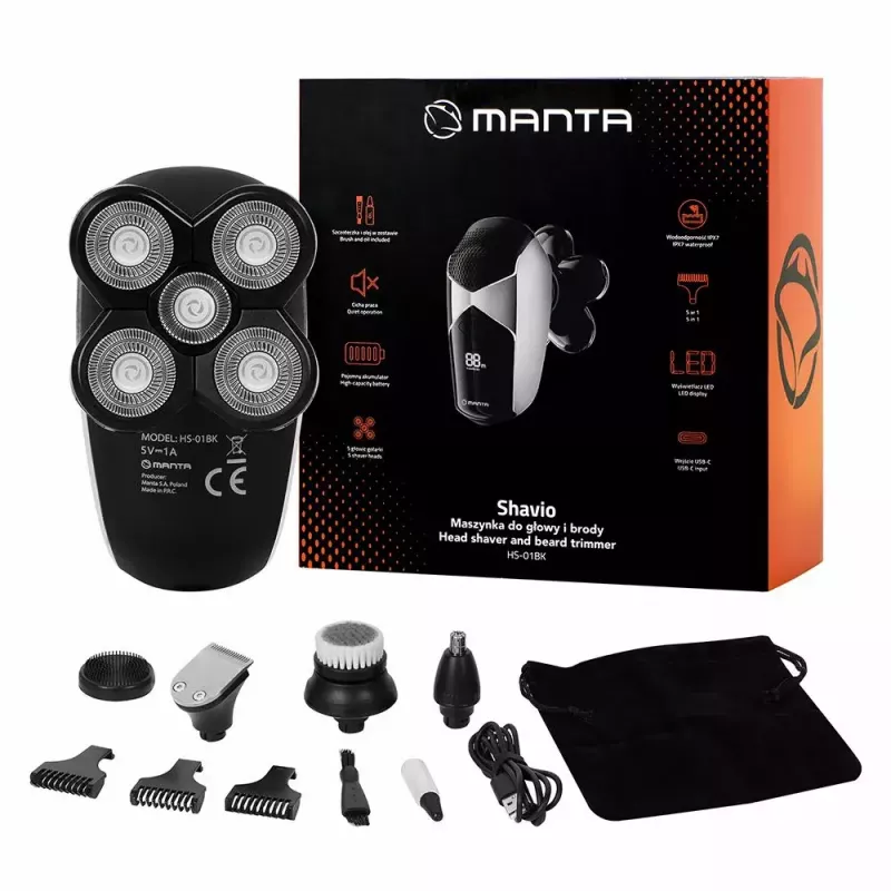 Conjunto de máquina de cortar cabelo e barba Manta HS-01BK Shavio, preto/cromado