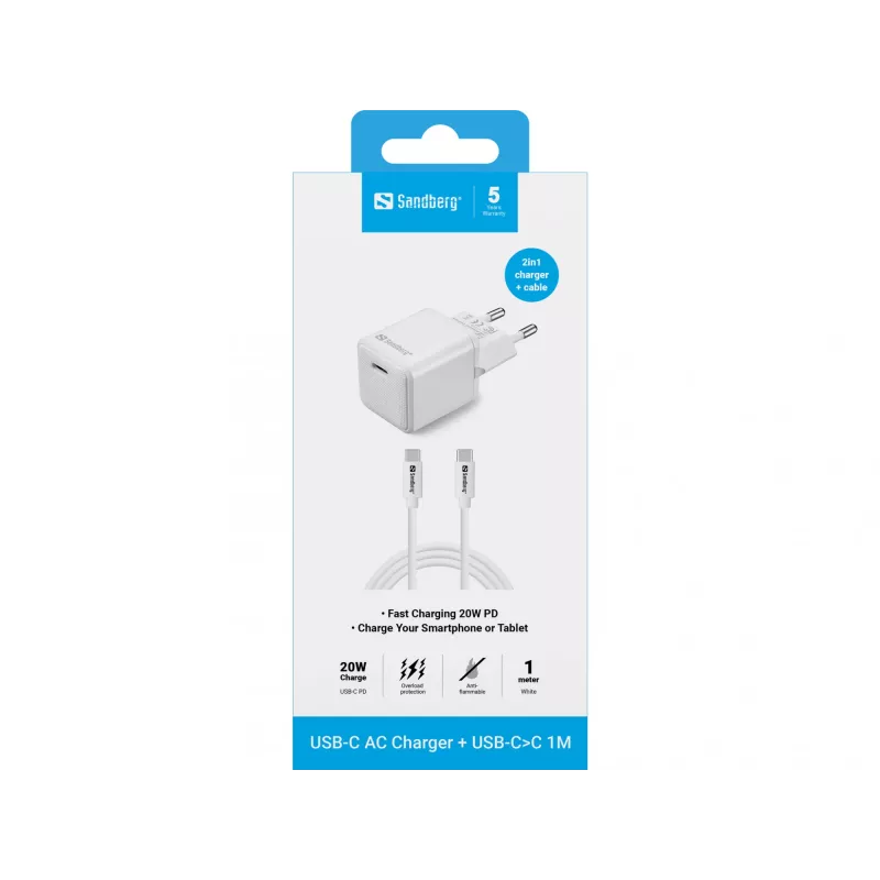 Carregador Sandberg USB-C 20W Indoor AC 1M cabo carregamento rápido