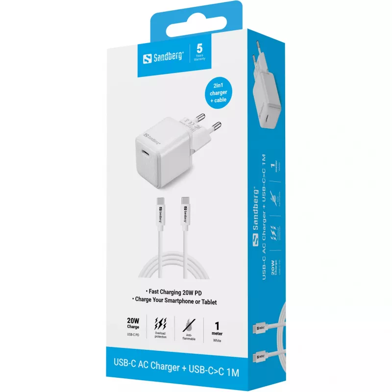 Carregador Sandberg USB-C 20W Indoor AC 1M cabo carregamento rápido
