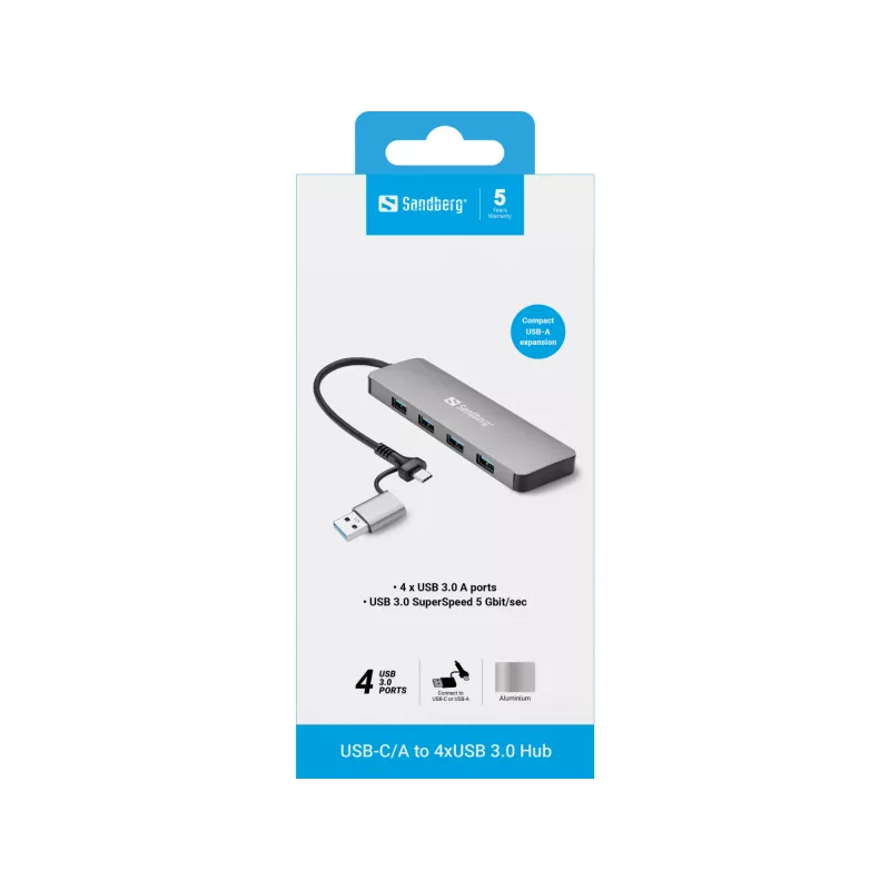 Hub Sandberg USB-C/A para 4xUSB 3.0 alumínio 5000 Mbit/s