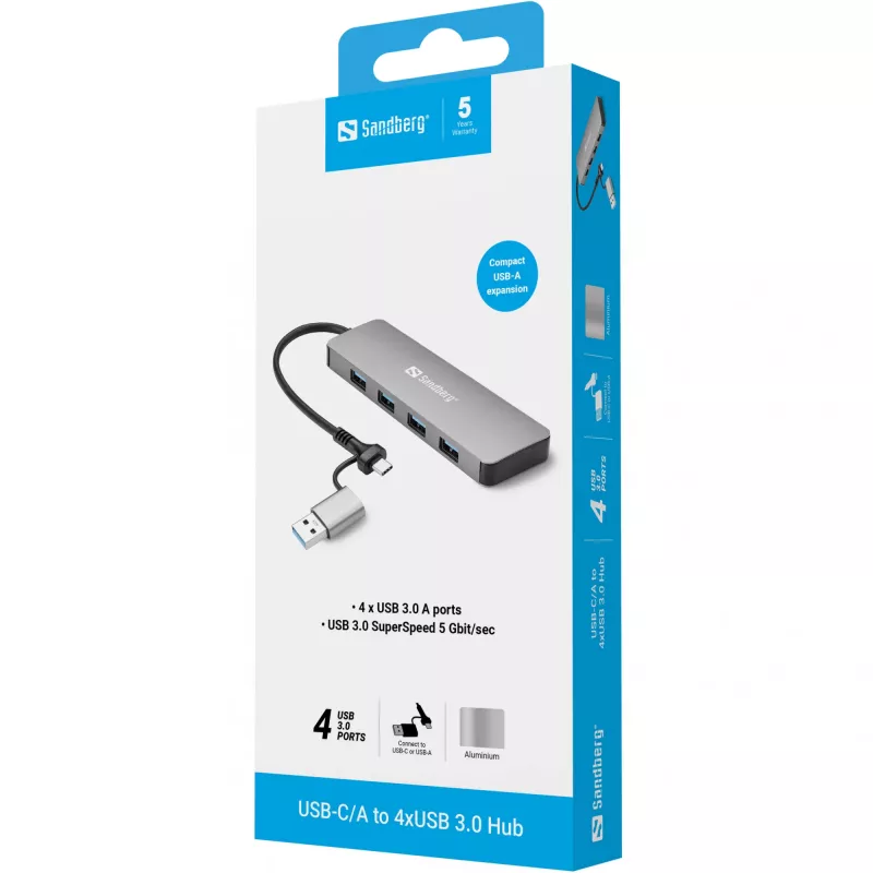 Hub Sandberg USB-C/A para 4xUSB 3.0 alumínio 5000 Mbit/s