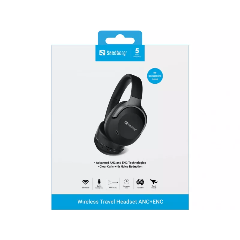 Headset sem fios Sandberg Wireless Travel ANC+ENC, sem fios, chamadas/música, 228 g, headset, preto