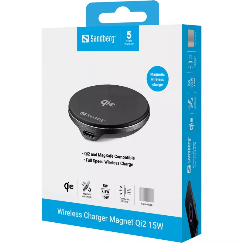 Carregador sem fios SANDBERG 441-61 Qi2 15W – base de carregamento sem fios Qi2 compatível com dispositivos Qi