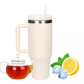 Copo térmico Extralink Black Forest 1200 ml bege — copo térmico com palhinha e asa