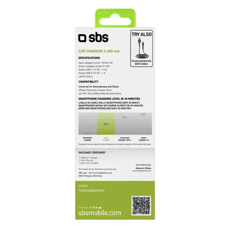 Carregador de automóvel SBS Mobile TECR2USB24AFAST — carregador USB para automóvel, alimentação por isqueiro, universal, preto