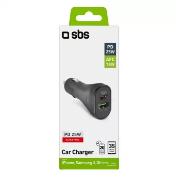 Carregador de automóvel SBS Mobile TECRPD25W — isqueiro, 12–24 V, 1×USB-A, 1×USB-C, carregamento rápido, preto