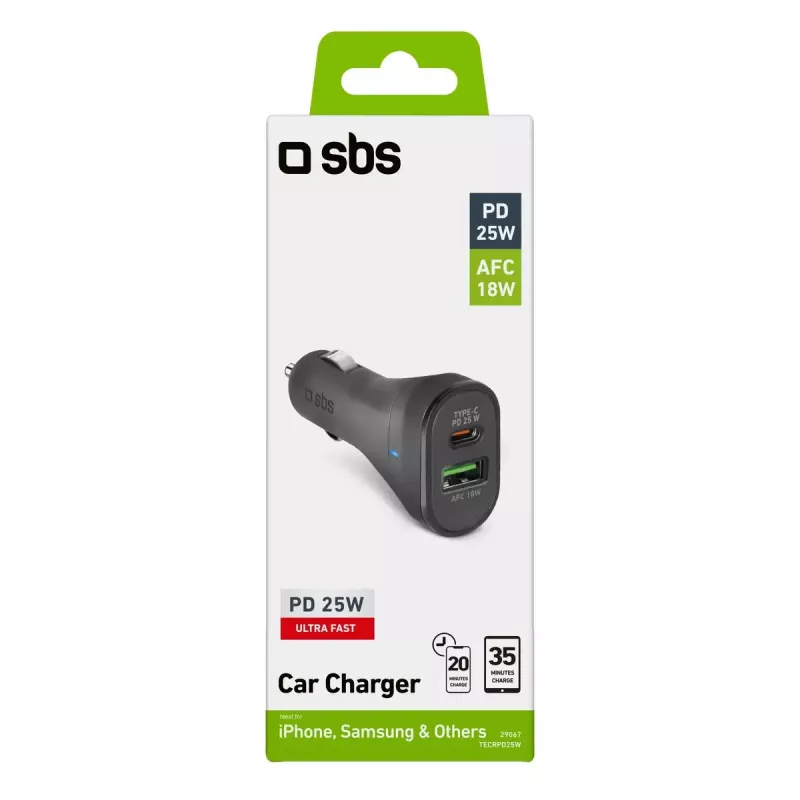 SBS TECRPD25W carregador de automóvel, 25 W, USB-A + USB-C, Power Delivery, preto