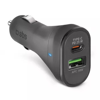 Carregador de automóvel SBS Mobile TECRPD25W — isqueiro, 12–24 V, 1×USB-A, 1×USB-C, carregamento rápido, preto