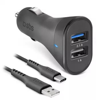 Kit de carregamento para automóvel SBS Mobile USB Type-C, 2× portas USB 2.0, cabo de 1 m, 12 W, entrada 12/24 V, preto
