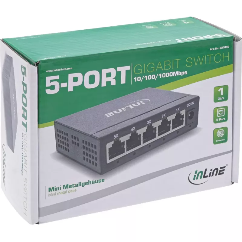 Switch de rede Gigabit InLine 5 portas, 1 Gb/s, desktop, caixa metálica, sem ventoinha