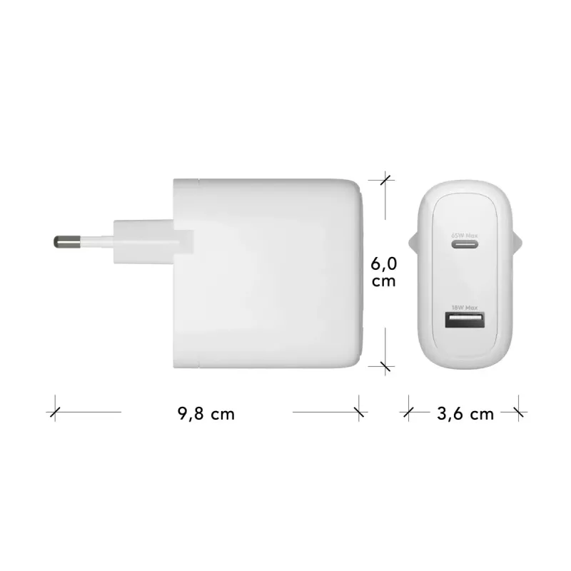 dbramante1928 re-charge Pro CI65EUWH7100 carregador de parede, 65 W, USB-C + USB-A 18 W, UE, branco