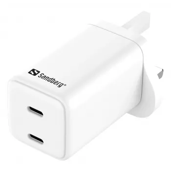 Carregador AC SANDBERG Dual USB-C PD65W UK 441-62 — dual USB-C PD 65W, ficha UK