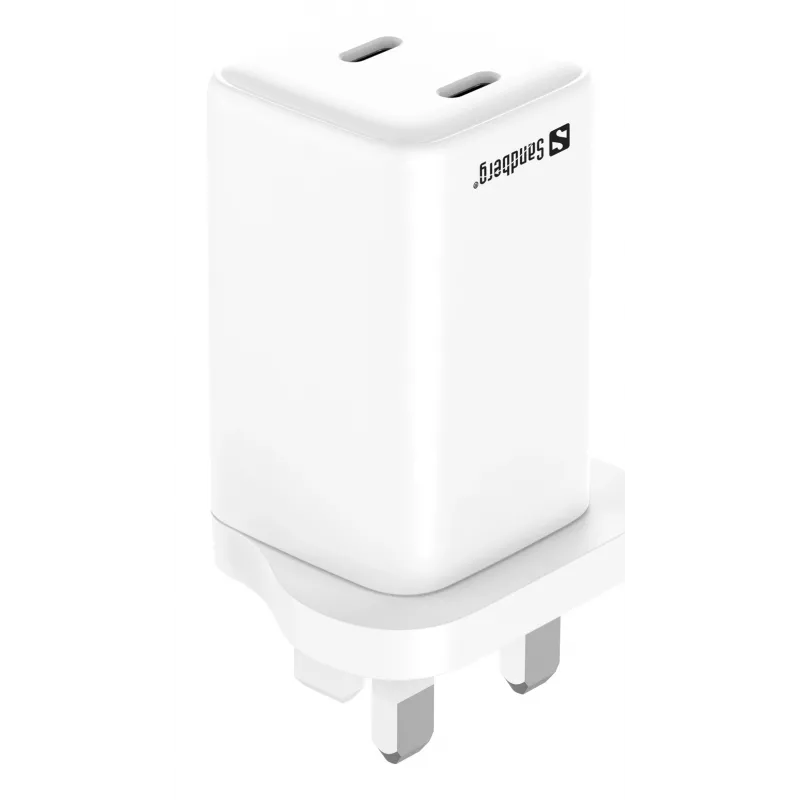 Carregador AC SANDBERG Dual USB-C PD65W UK 441-62 — dual USB-C PD 65W, ficha UK