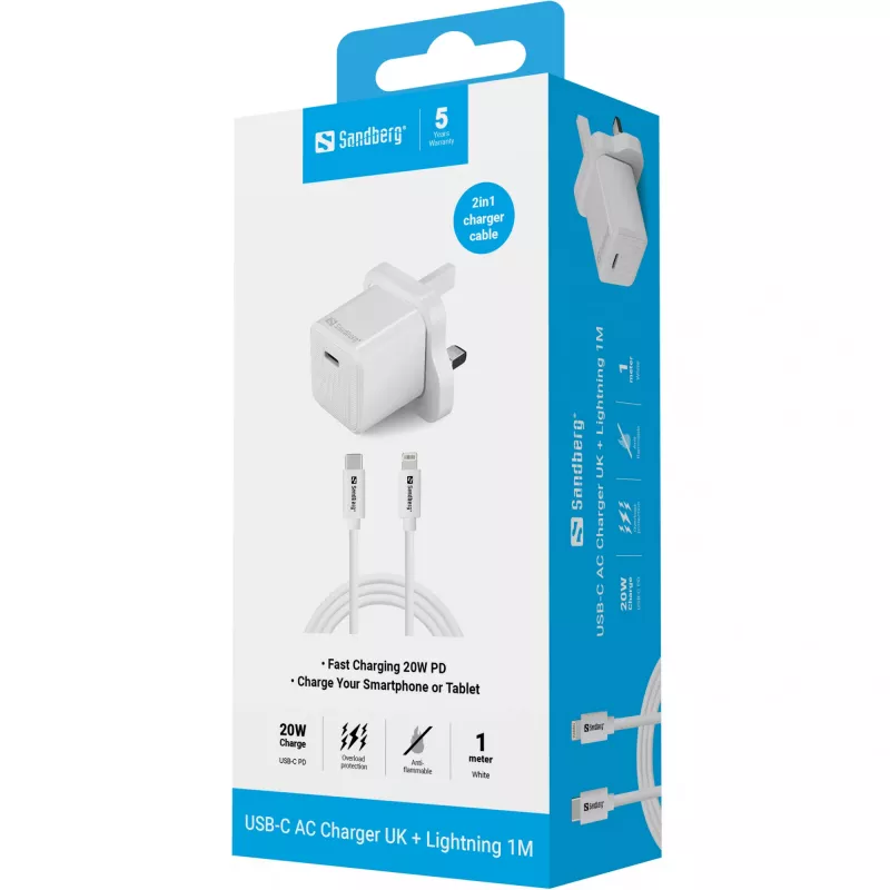 Carregador USB-C SANDBERG 441-64 20W ficha UK – carregamento rápido com USB Power Delivery