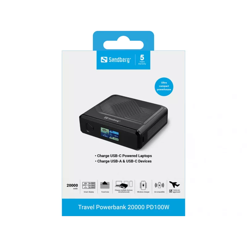 Carregador portátil Sandberg Travel Powerbank 20000 PD100W, 20000 mAh